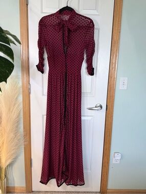 Unique Vintage Burgundy Polka Dot Tie-Neck Maxi Dress